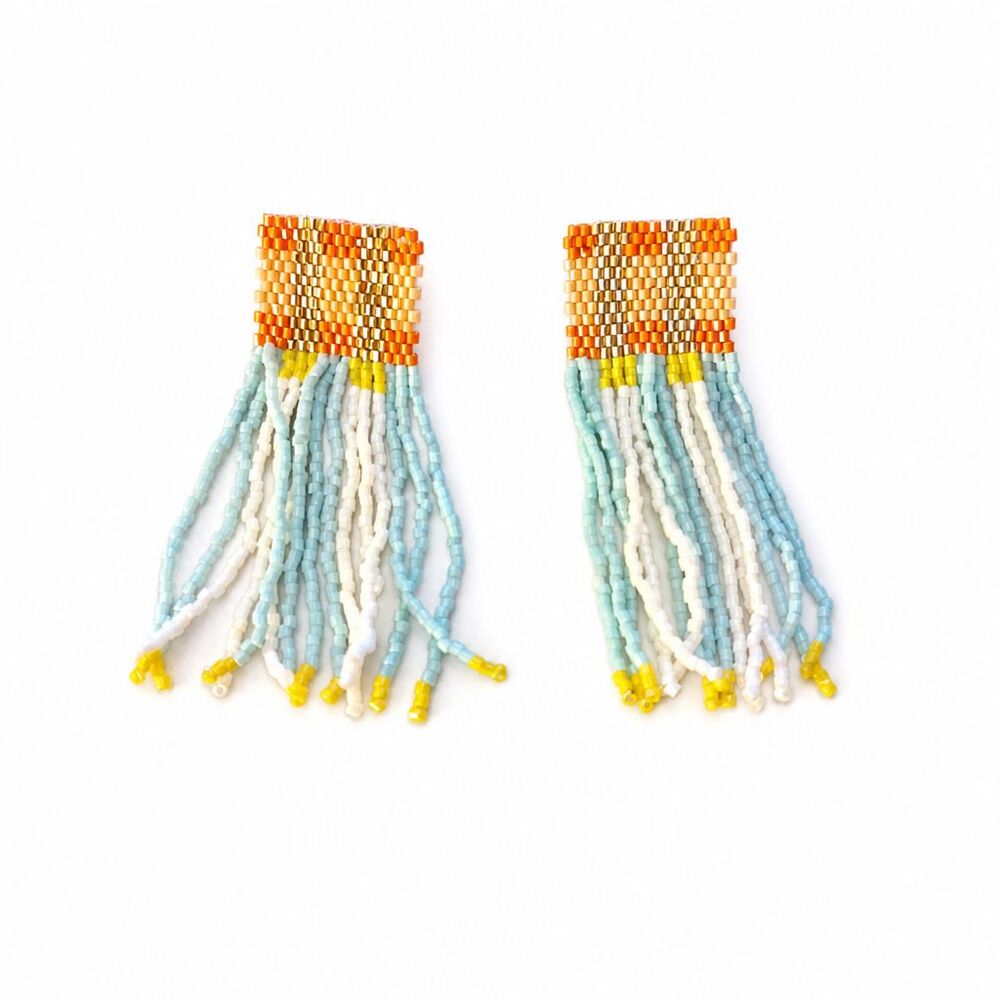 Handmade Boho Multicolor Seed Beaded Fringe Pierced Earrings Gold Tone Accents